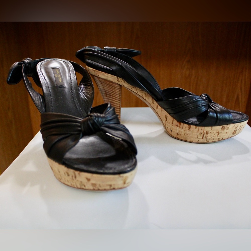 π₯π€LV Black Leatherπ€π₯ LV Porto Cervo Black Leather & Cork Sandals - Picture 6 of 9